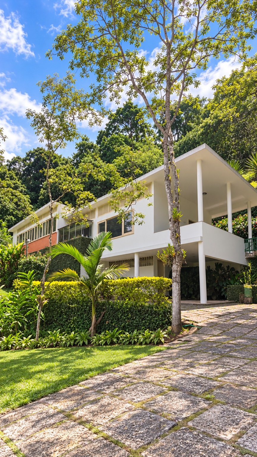 Fachada da Casa Recanto em Itaipava, cercada por jardim e vegetação