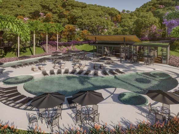 Perspectiva ilustrativa da piscina e área de lazer da Fazenda Bela Vista, em Itaipava