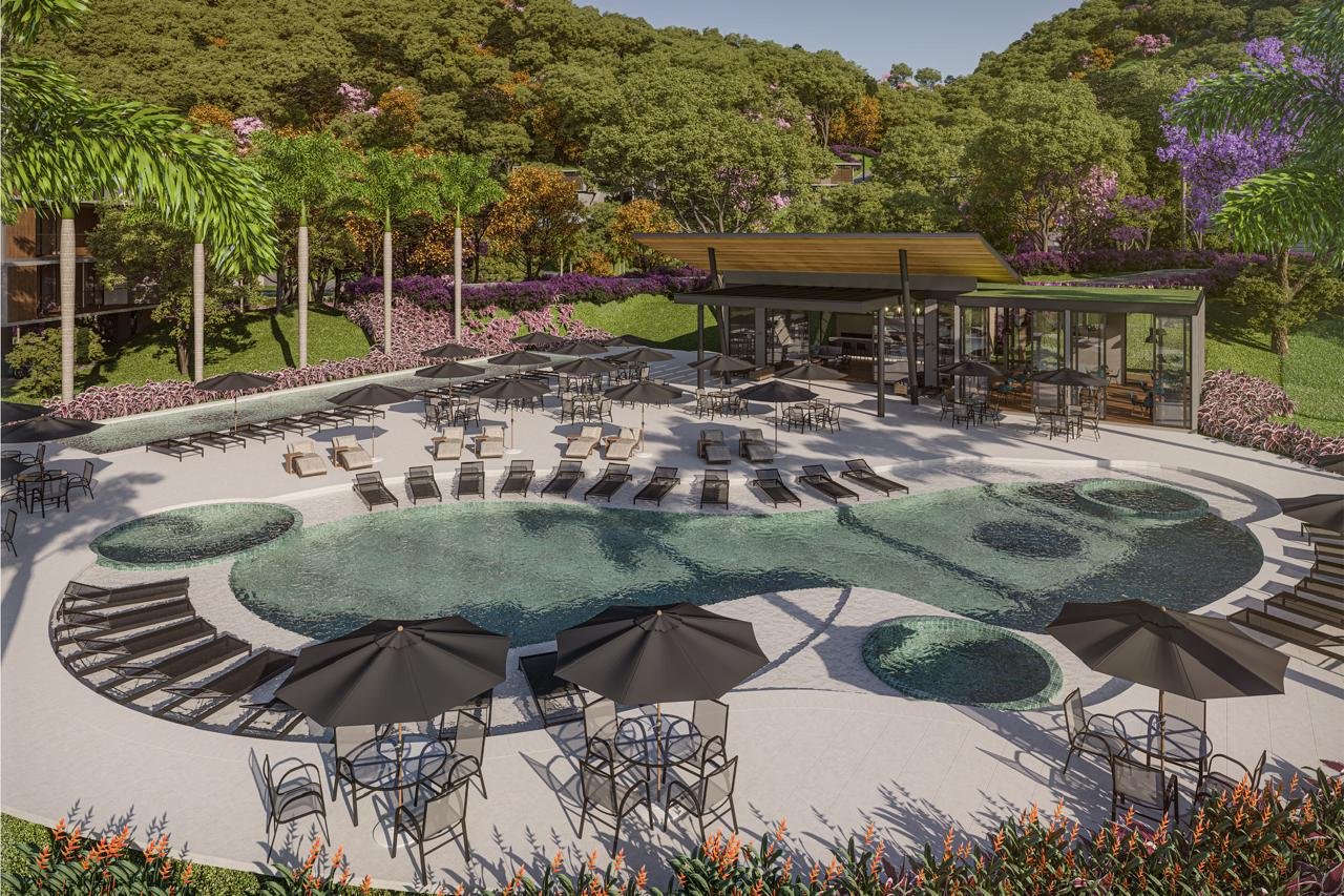 Perspectiva ilustrativa da piscina e área de lazer da Fazenda Bela Vista, em Itaipava